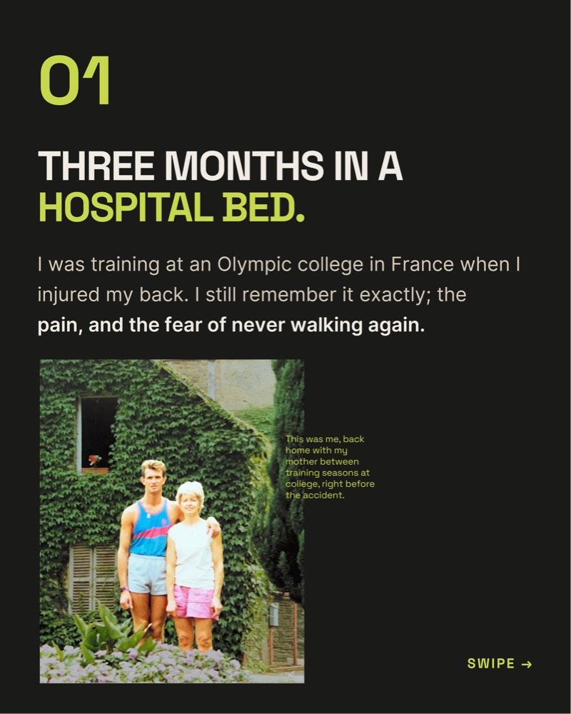 Slide 2: Three months in a hospital bed. I was training at an Olympic college in France when I injured my back.