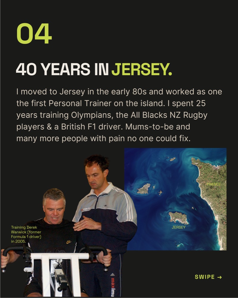 Slide 5: 40 years in Jersey. Training Olympians, All Blacks rugby players and a British F1 driver.