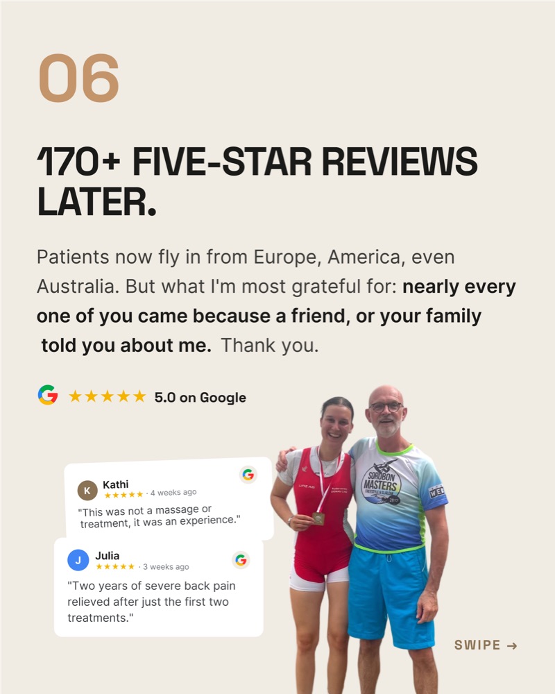 Slide 7: 180+ five-star reviews later. Nearly every one of you came because a friend or your family told you about me.